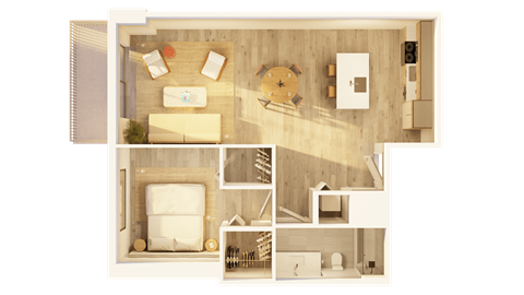 Floor plan for 1 bed, 1 bath, 844 sqft